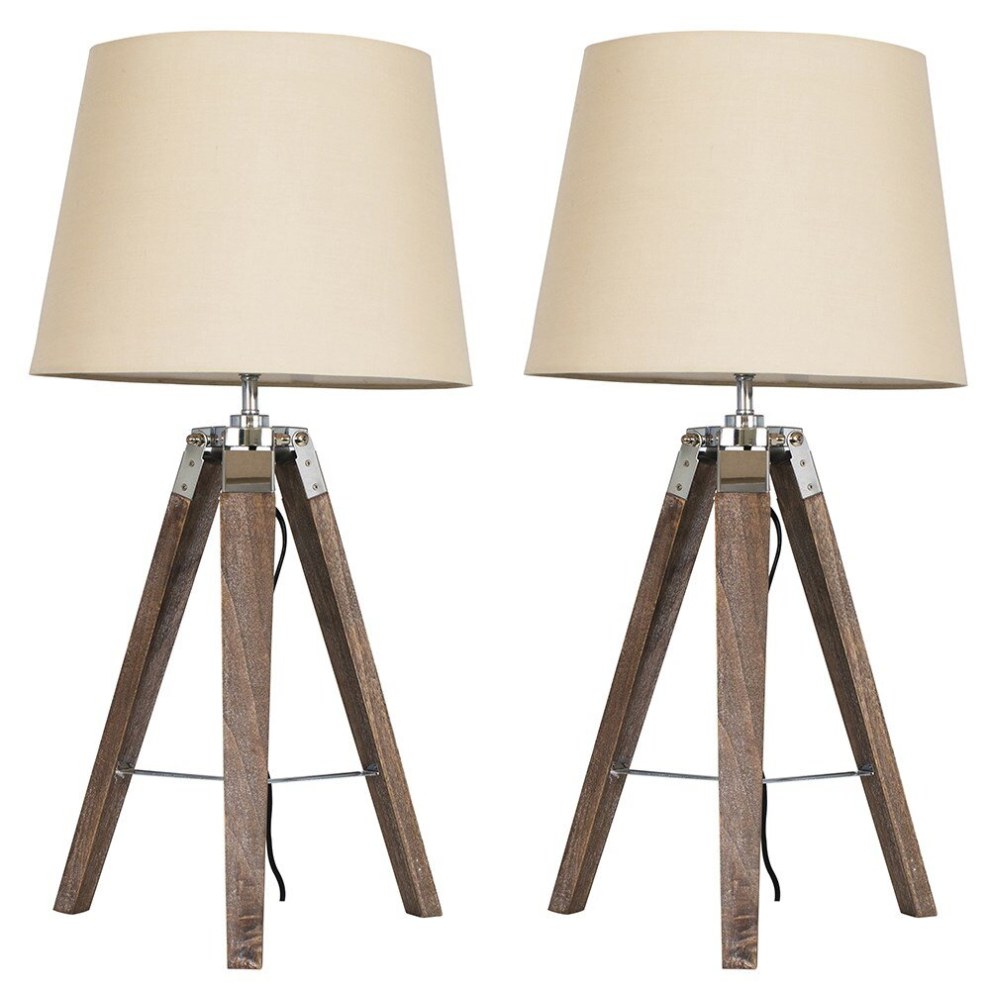 Pair of - Modern Distressed Wood and Silver Chrome Tripod Table Lamps with Beige Tapered Light Shades - With 6w LED GLS Bulbs [3000K Warm White]