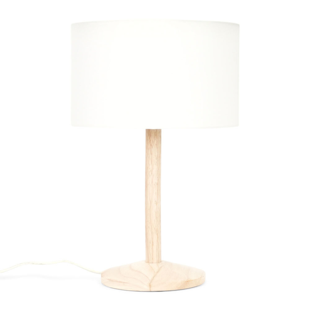 Single Stem Natural Light Wood Table Lamp with a White Drum Shade - Complete with a 6W LED Bulb [3000K Warm White]