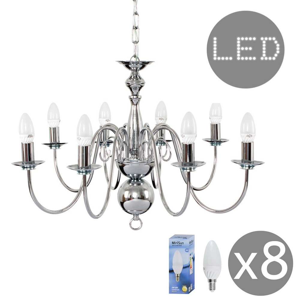 Large Retro 8 Way Ceiling Light Chandelier Fitting in a Polished Chrome Finish - Complete with 4w LED Candle Bulbs [3000K Warm White]