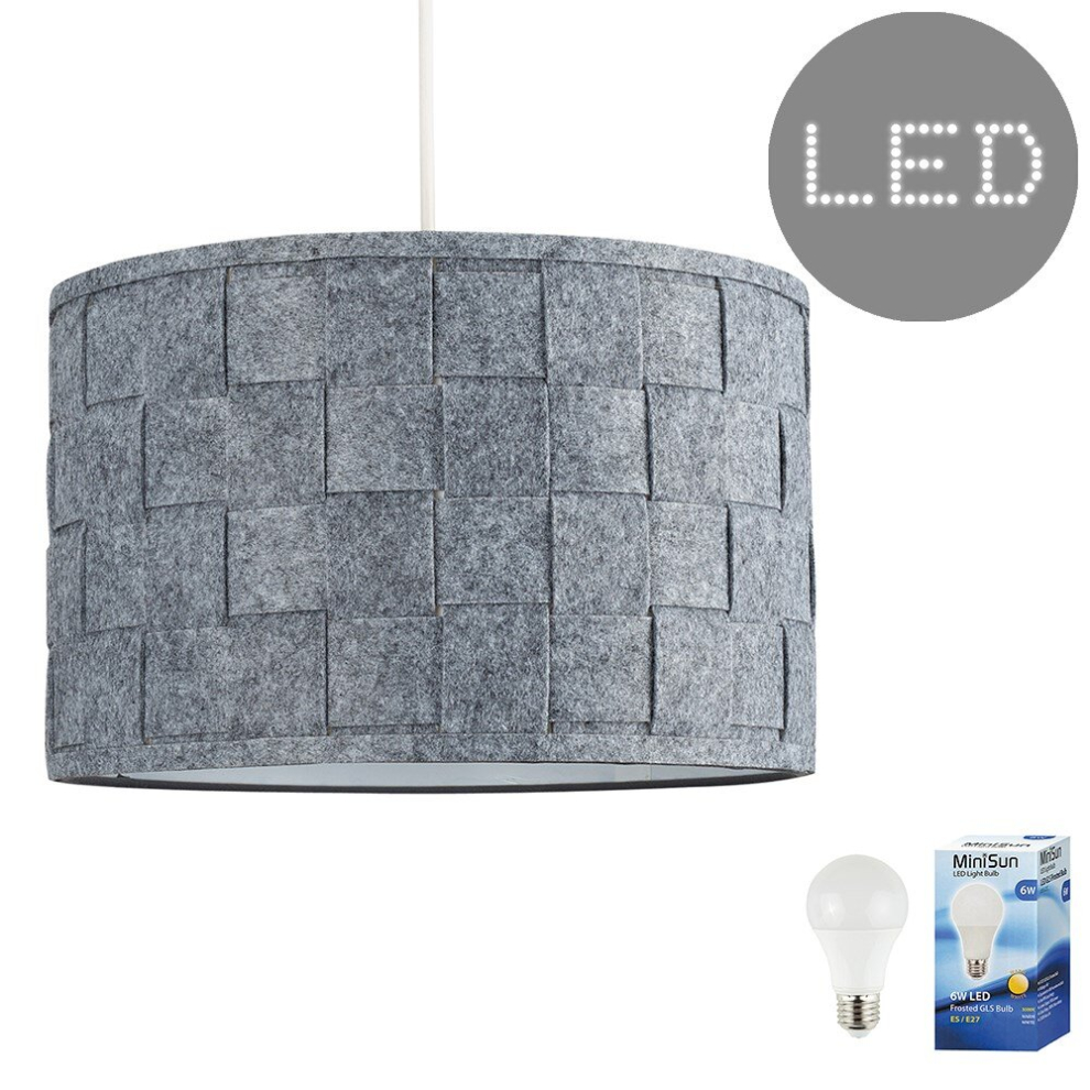 Large Modern Weave Design Drum Ceiling Pendant Light Shade in a Grey Felt Finish - Complete with a 6w LED GLS Bulb [3000K Warm White]