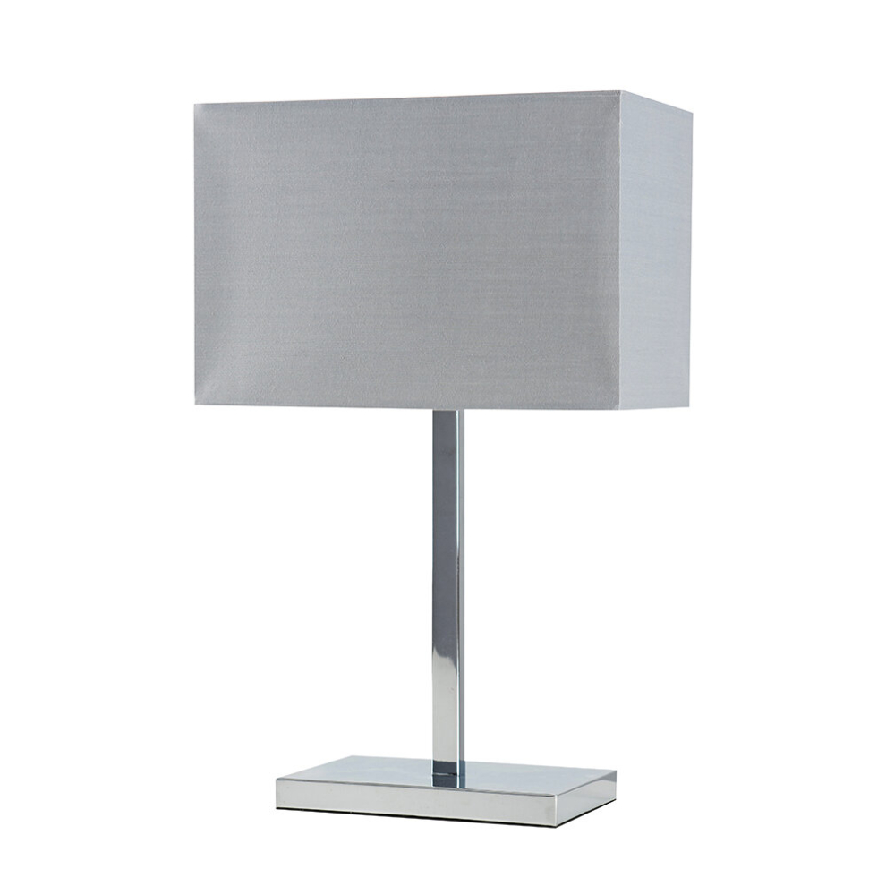 Modern Polished Chrome Square Tube Table Lamp with a Grey Rectangular Shade - Complete with a 4w LED Bulb [3000K Warm White]