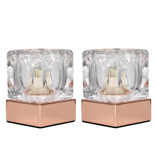 Pair of Modern Glass Ice Cube Touch Table Lamps with a Copper Base on