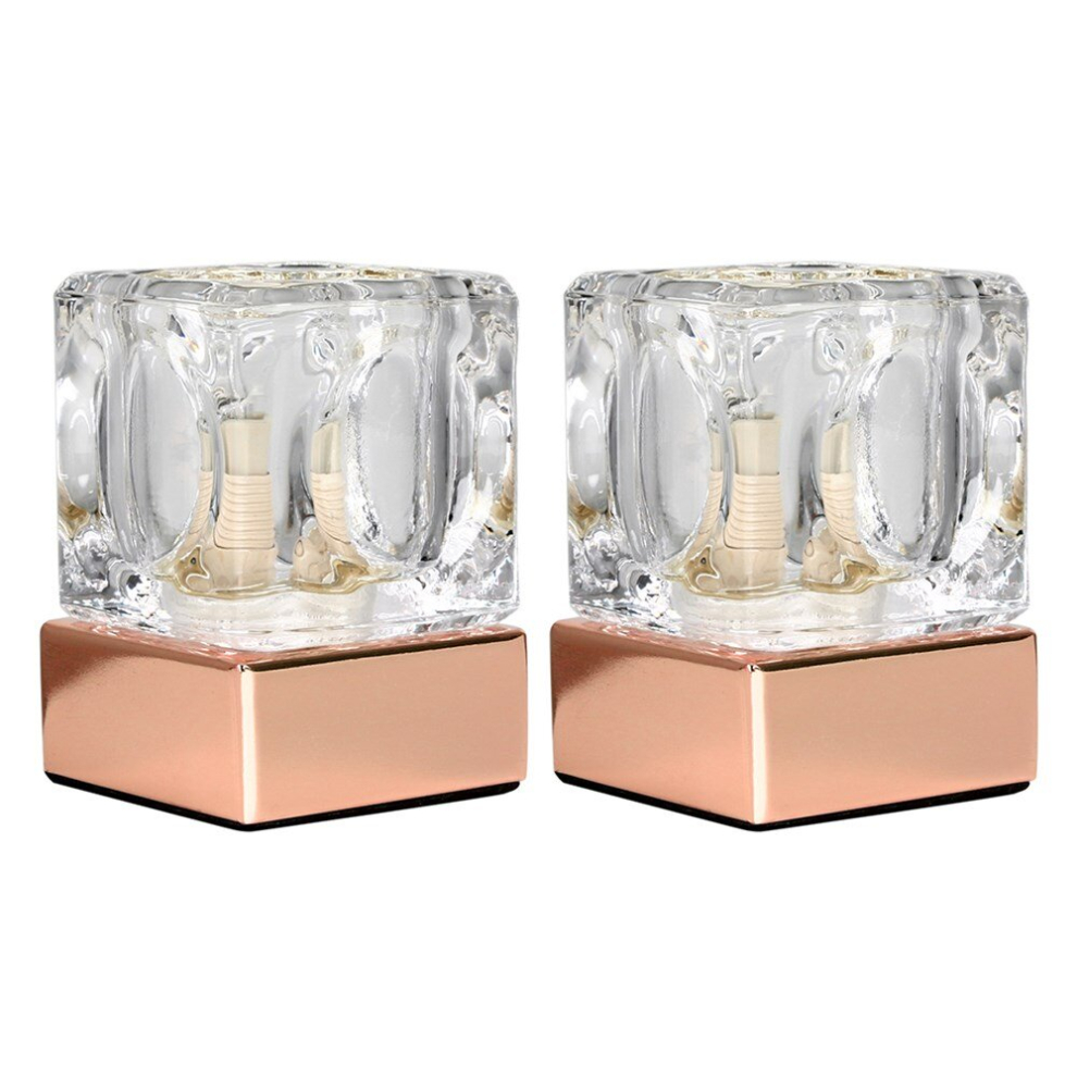 Pair of - Modern Glass Ice Cube Bedside Touch Table Lamps with a Copper Base - Complete with 3w LED Dimmable G9 Bulbs [6000K Cool White]