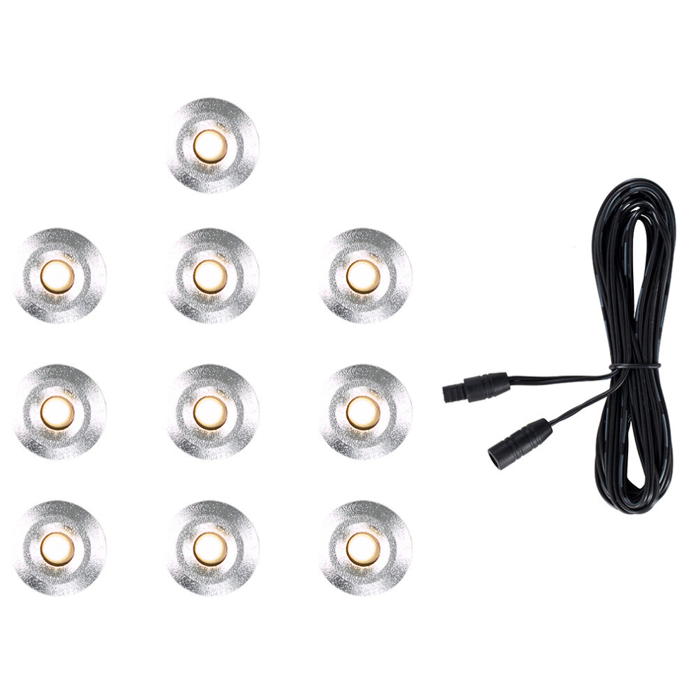 Pack of 10 15mm Warm White LED Round IP67 Rated Garden Decking/Kitchen Plinth Lights Kit - Complete with a 3M Extension Cable