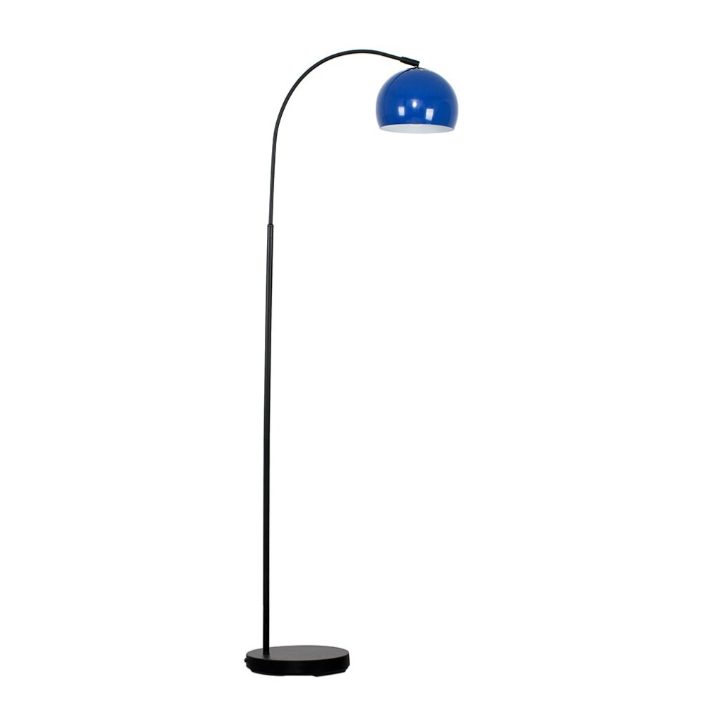 Designer Style Black  Stem Floor Lamp with a Gloss Navy Blue Arco Style Metal Dome Light Shade - With a 6w LED GLS Bulb [3000K Warm White]