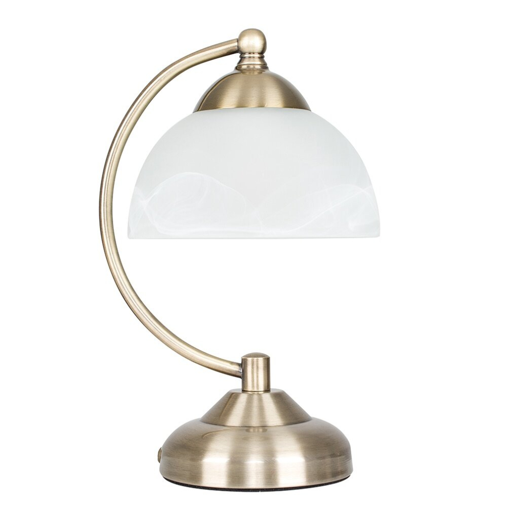 Curved Antique Brass & Frosted Glass Bedside Table Lamp- Complete with a 4w LED Bulb [3000K Warm White]