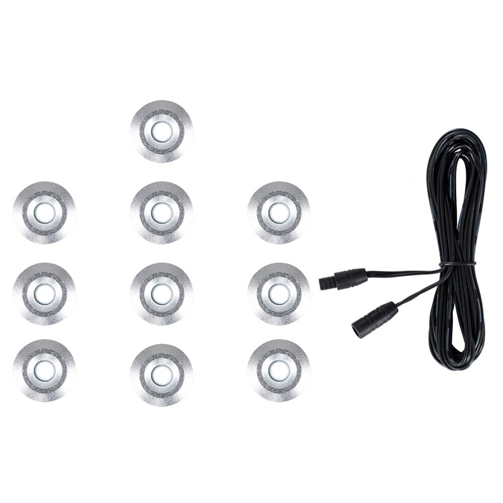 Pack of 10 15mm White LED Round IP67 Rated Garden Decking/Kitchen Plinth Lights Kit - Complete with a 3M Extension Cable