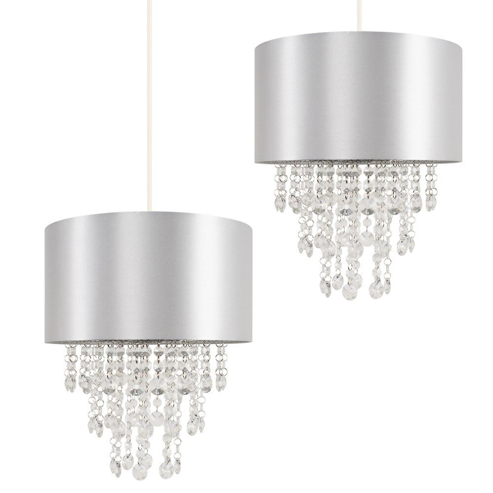 Pair of - Modern Grey Cylinder Ceiling Pendant Light Shades with Clear Acrylic Jewel Effect Droplets - With 10w LED GLS Bulbs [3000K Warm White]