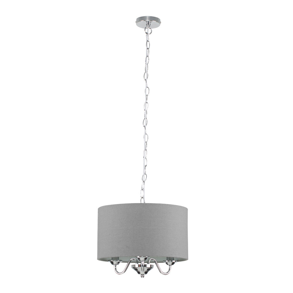 Modern Chrome 3 Way Curved Arm Grey Linen Slimline Drum Ceiling Light Pendant