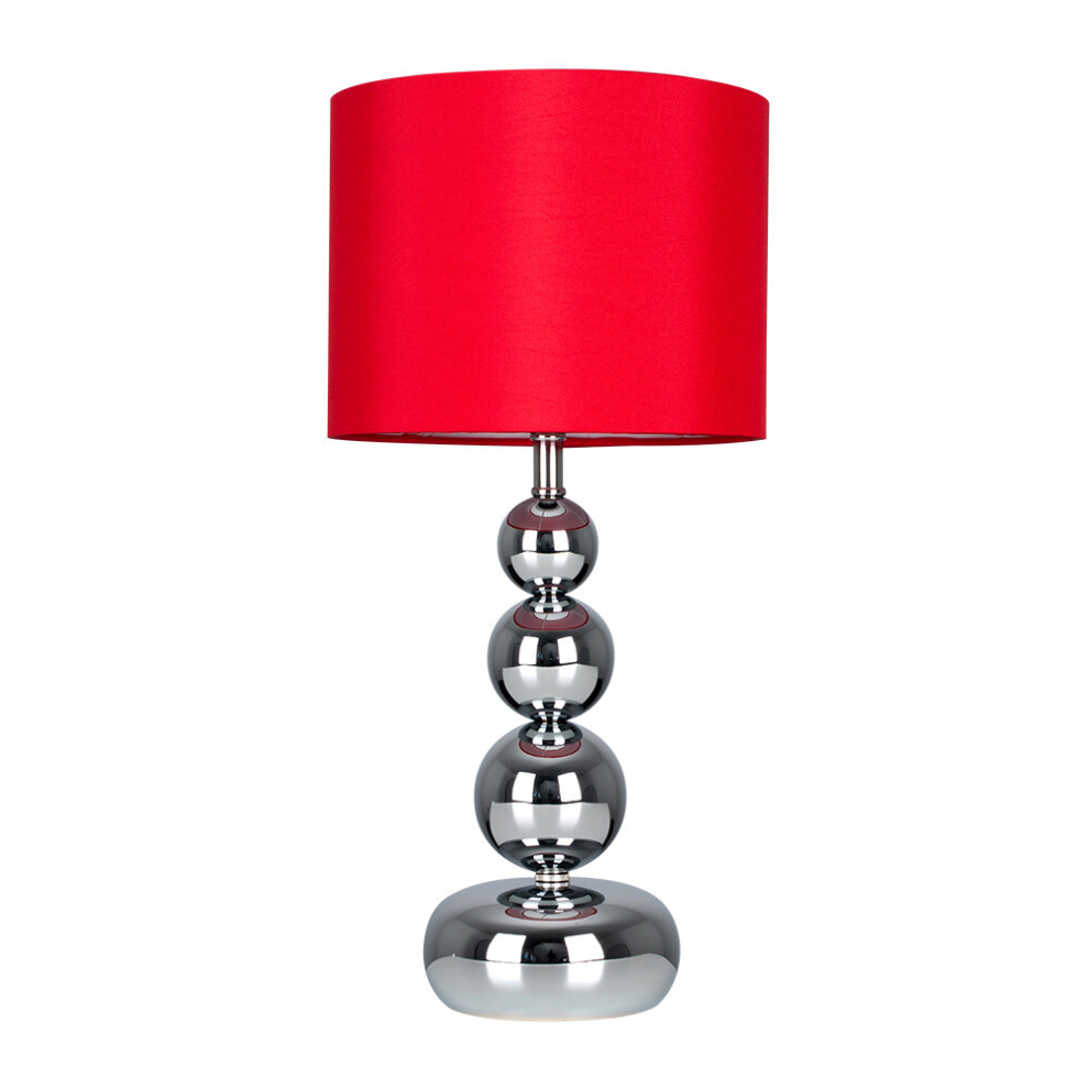 Modern Polished Chrome Stacked Balls Table Lamp with Red Faux Silk Shade