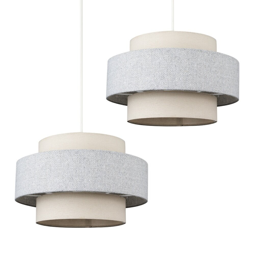 Pair of - Modern Cylinder Ceiling Pendant Light Shades in a Cream & Grey Herringbone Finish - Complete with 10w LED Bulbs [3000K Warm White]