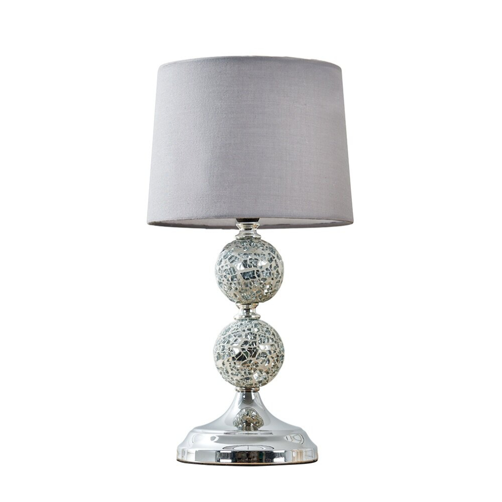 Modern Decorative Chrome & Mosaic Crackle Glass Table Lamp with a Grey Shade - Complete with a 4w LED Bulb [3000K Warm White]