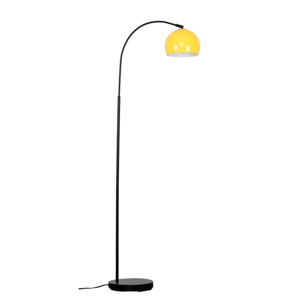 Modern Designer Style Black Curved Stem Floor Lamp with a Gloss Yellow Arco Style Metal Dome Light Shade