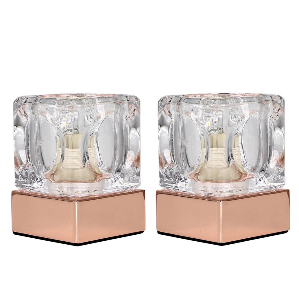 Pair of - Modern Glass Ice Cube Touch Table Lamps with a Copper Base