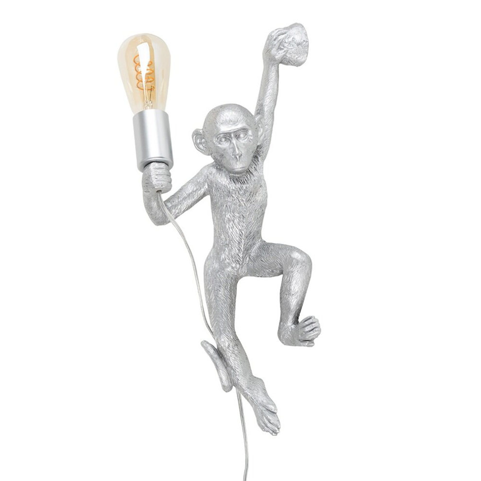 Modern Metallic Silver Monkey Holding Light Bulb Design Wall Light - Complete with a 4w LED Helix Filament Bulb [2200K Warm White]