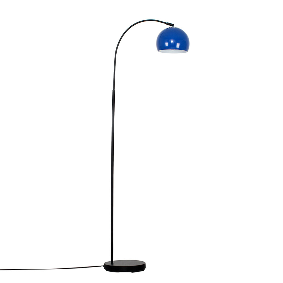 Modern Designer Style Black Curved Stem Floor Lamp with a Gloss Navy Blue Arco Style Metal Dome Light Shade