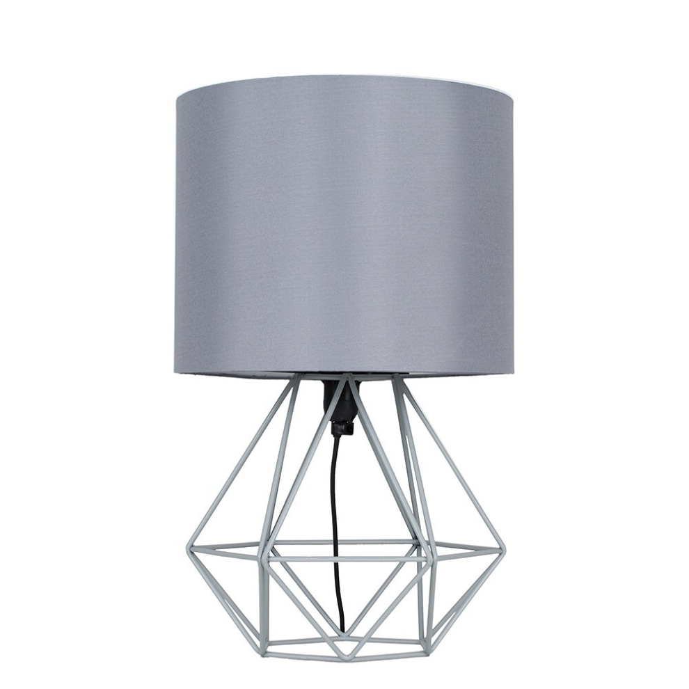 Modern Grey Metal Basket Cage Bed Side Table Lamp with a Grey Fabric Shade - Complete with a 4w LED Golfball Bulb [3000K Warm White]