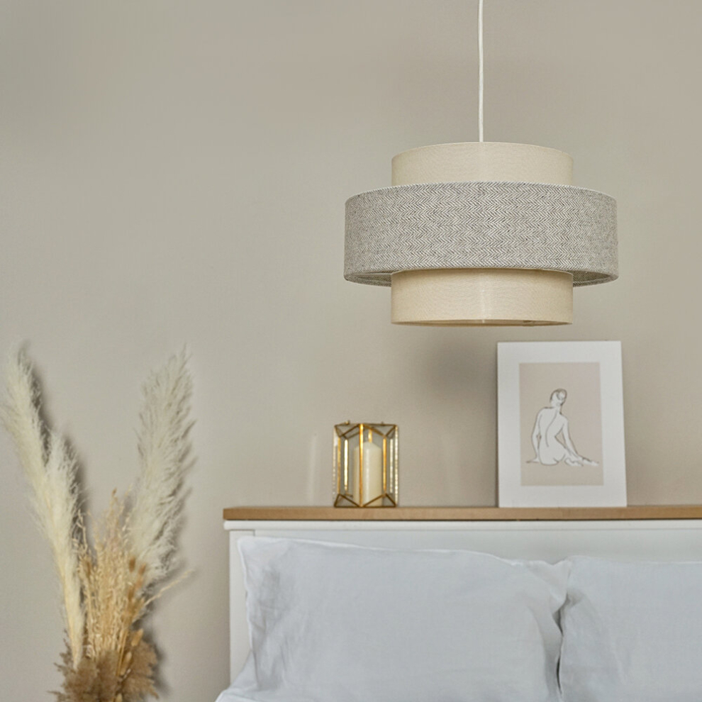 Pair of - Modern Cylinder Ceiling Pendant Light Shades in a Cream & Grey Herringbone Finish - Complete with 10w LED Bulbs [3000K Warm White]