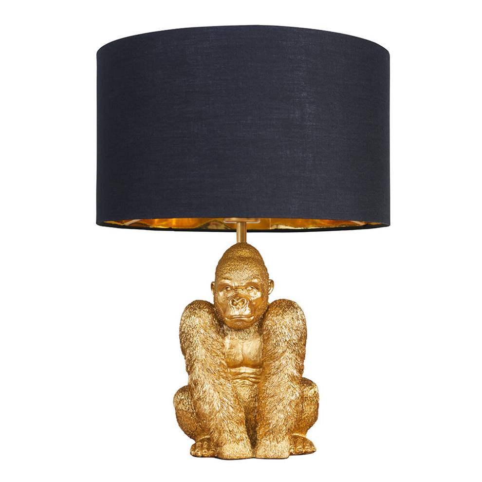 Modern Gold Sitting Gorilla Design Table Lamp with a Black/Gold Drum Shade  Complete with 4w LED Filament Bulb [2700K Warm White]