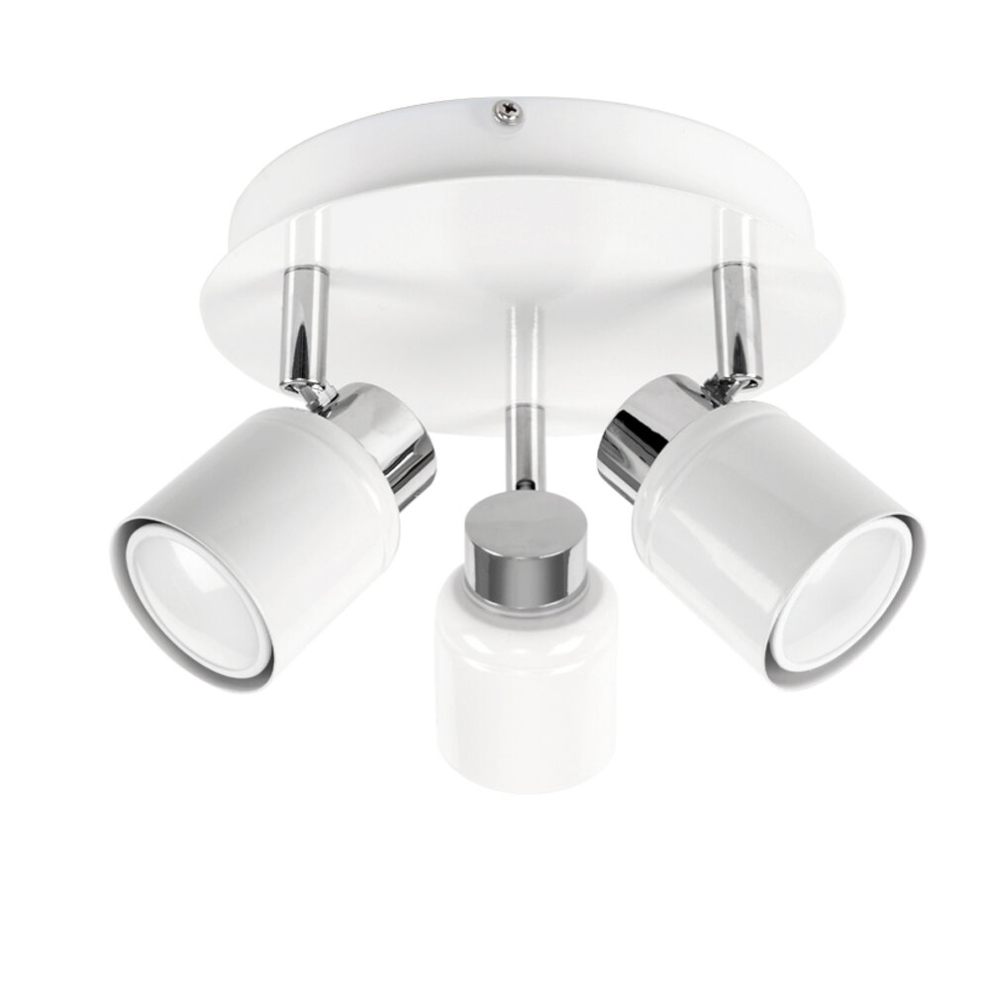 Modern Chrome & White Adjustable 3 Way Round Plate Ceiling Spotlight - IP44 Rated - Complete with 3 x 5W GU10 Warm White LED Bulbs