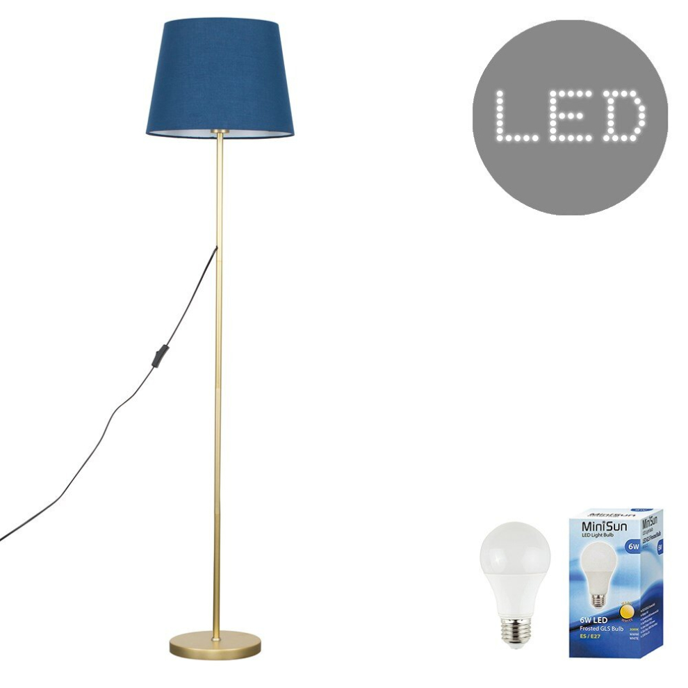 Modern Standard Floor Lamp in a Gold Metal Finish with a Navy Blue Tapered Shade - Complete with a 6w LED GLS Bulb [3000K Warm White]