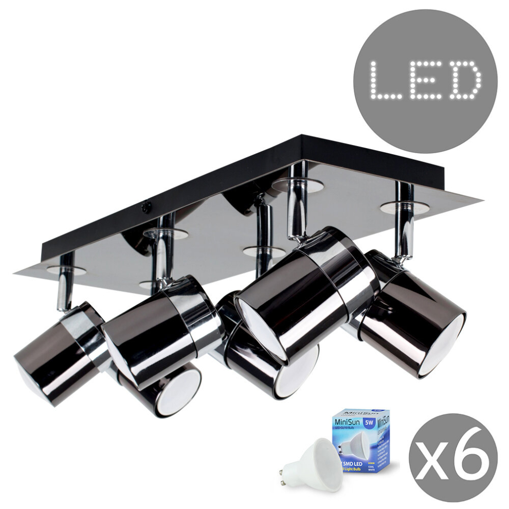 Modern Rectangular 6 Way Adjustable Ceiling Spotlight in a Black Chrome Finish - Complete 5w GU10 LED Bulbs [6500K Cool White]