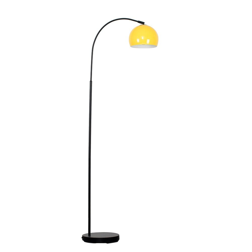 Modern Designer Style Black Curved Stem Floor Lamp with a Gloss Yellow Arco Style Metal Dome Light Shade - With a 6w LED GLS Bulb [3000K Warm White]