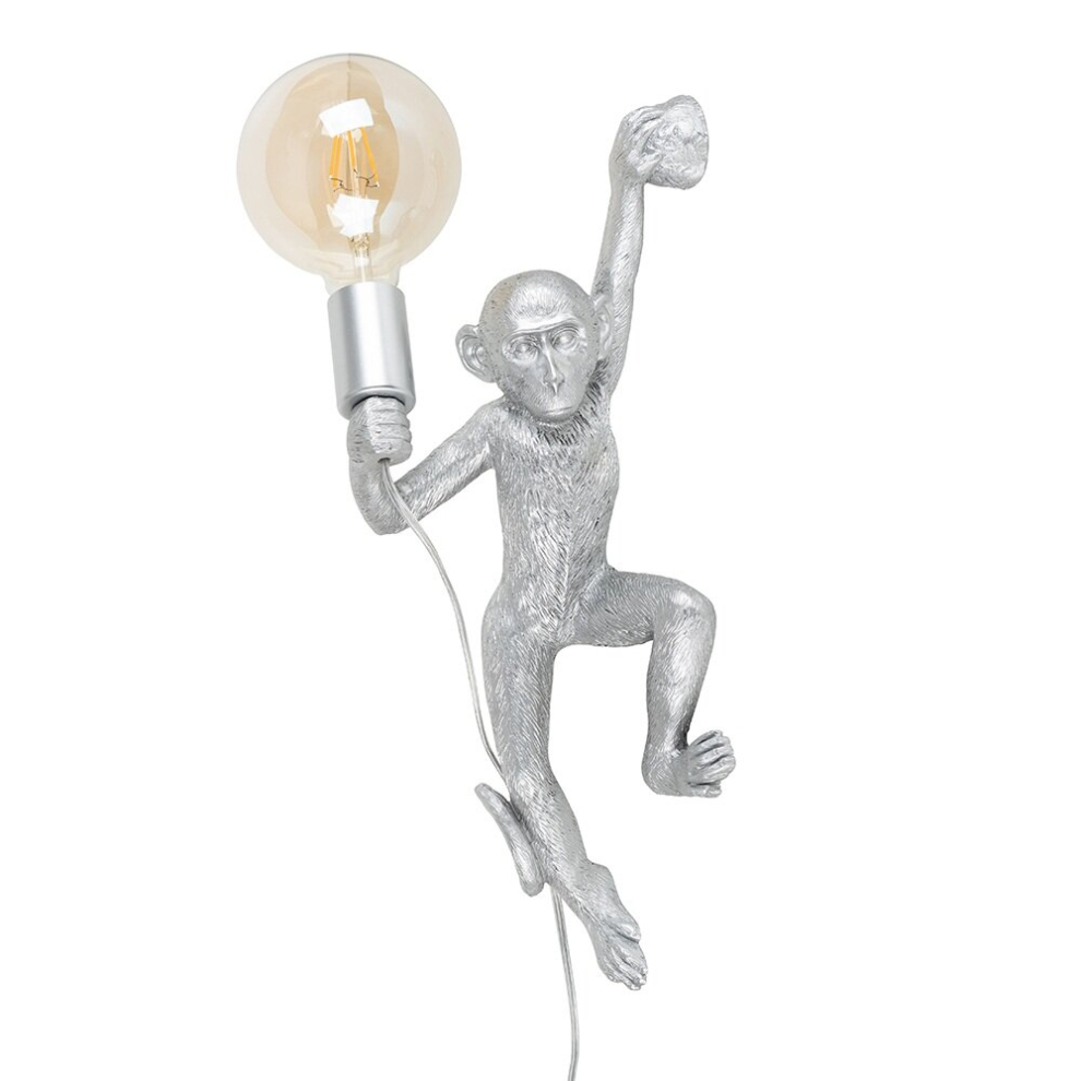 Modern Metallic Silver Monkey Holding Light Bulb Design Wall Light - Complete with a 6w LED Filament Globe Bulb [2700K Warm White]