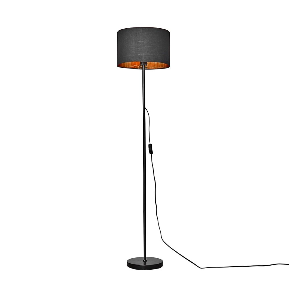 Standard Floor Lamp Base in a Black Metal Finish with a Black/Gold Drum Shade - Complete with a 6w LED GLS Bulb [3000K Warm White]