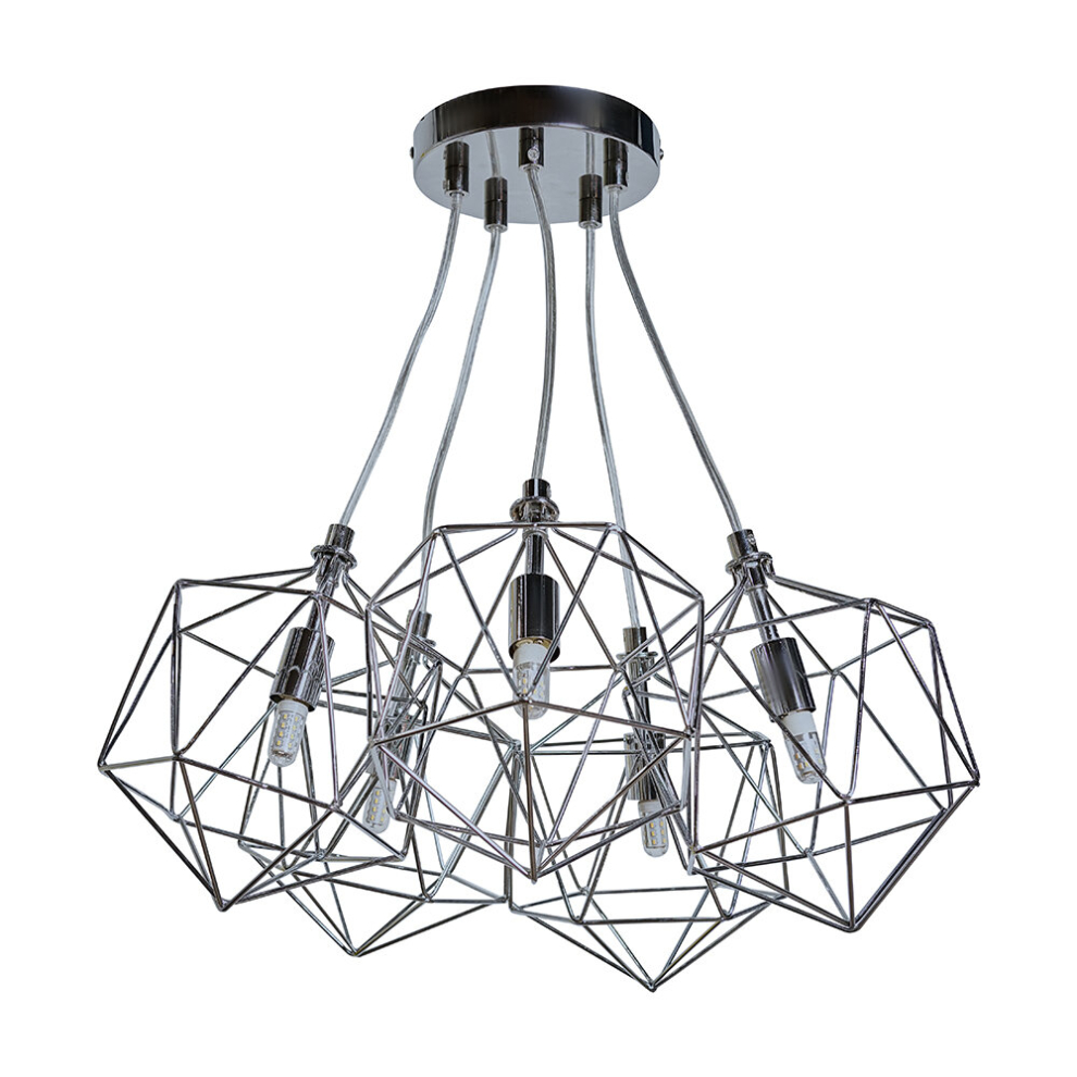 Industrial 5 Way Geometric Chrome Wire Basket Cage Ceiling Pendant Light Fitting