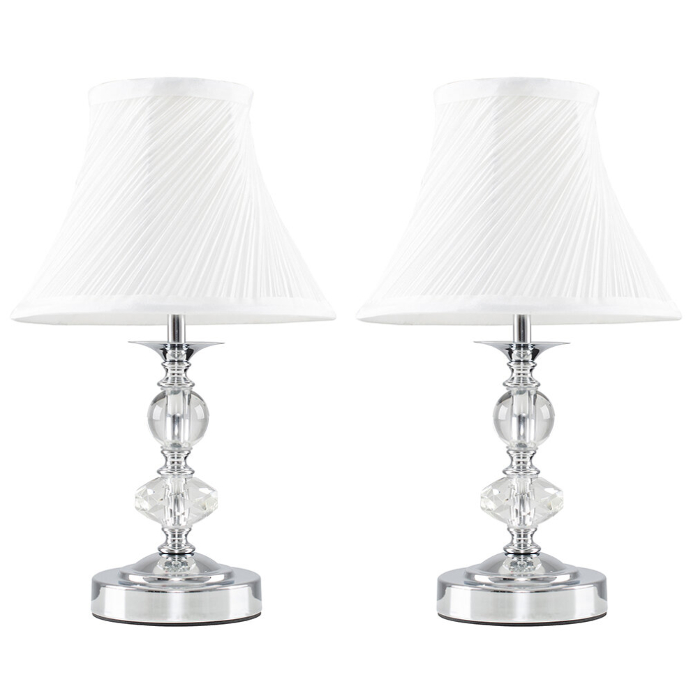 Pair of - Modern Polished Chrome and Glass Touch Table Lamps with Pleated White Shades - With 5w LED Dimmable Candle Bulbs [3000K Warm White]