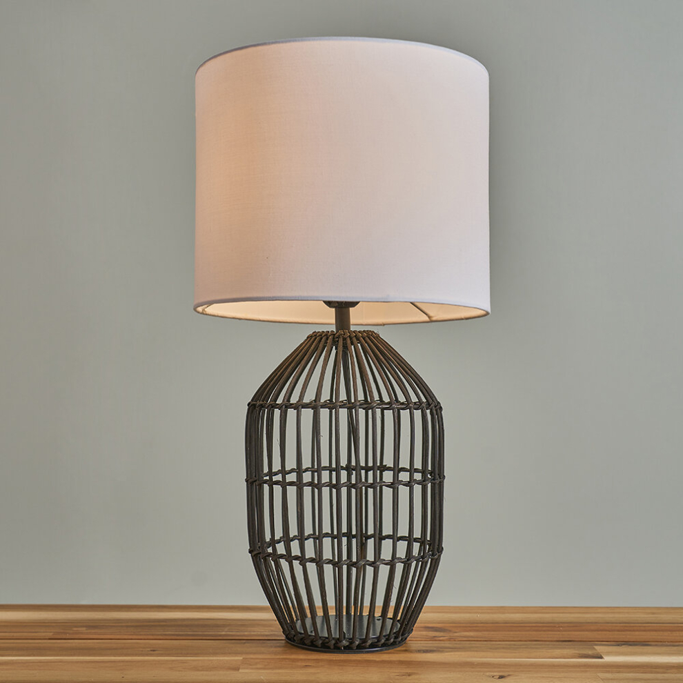 Contemporary Small Matt Black Rattan Cylinder Table Lamp with a White Cylinder Shade