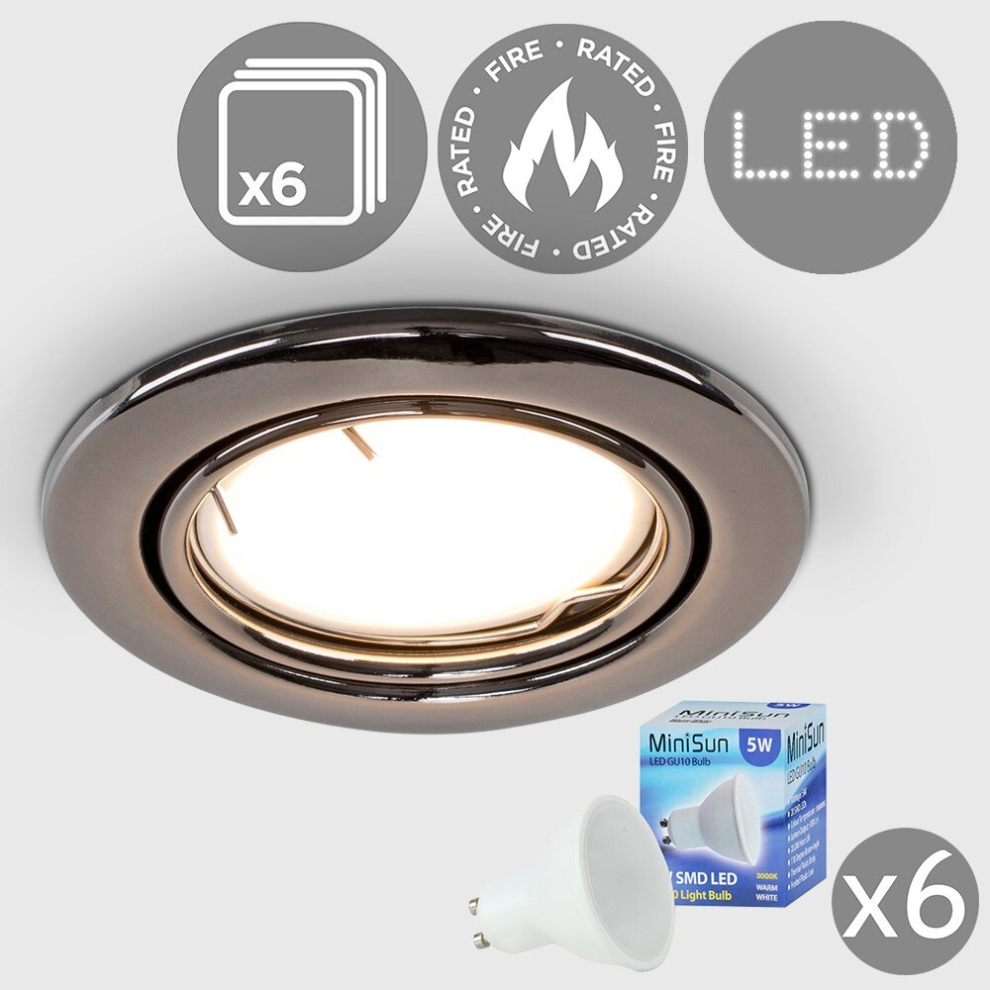 Pack of 6 Fire Rated Black Chrome Tiltable GU10 Recessed Ceiling Downlights - Complete with 5w LED Bulbs [3000K Warm White]