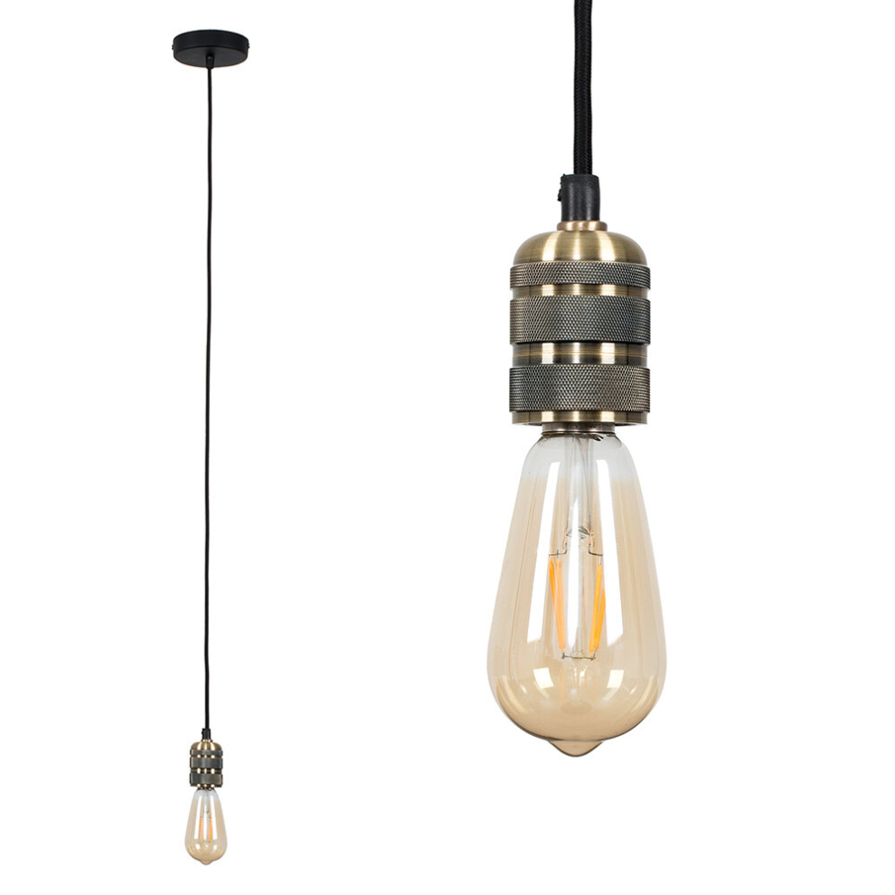 Modern Antique Brass Ceiling Rose & Flex Lampholder Fitting - Complete with a 4w LED Filament Light Bulb [2700K Warm White]