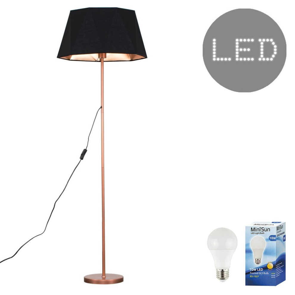 Modern Standard Floor Lamp in a Copper Metal Finish with a Black/Copper Geometric Shade - Complete with a 10w LED GLS Bulb [3000K Warm White]