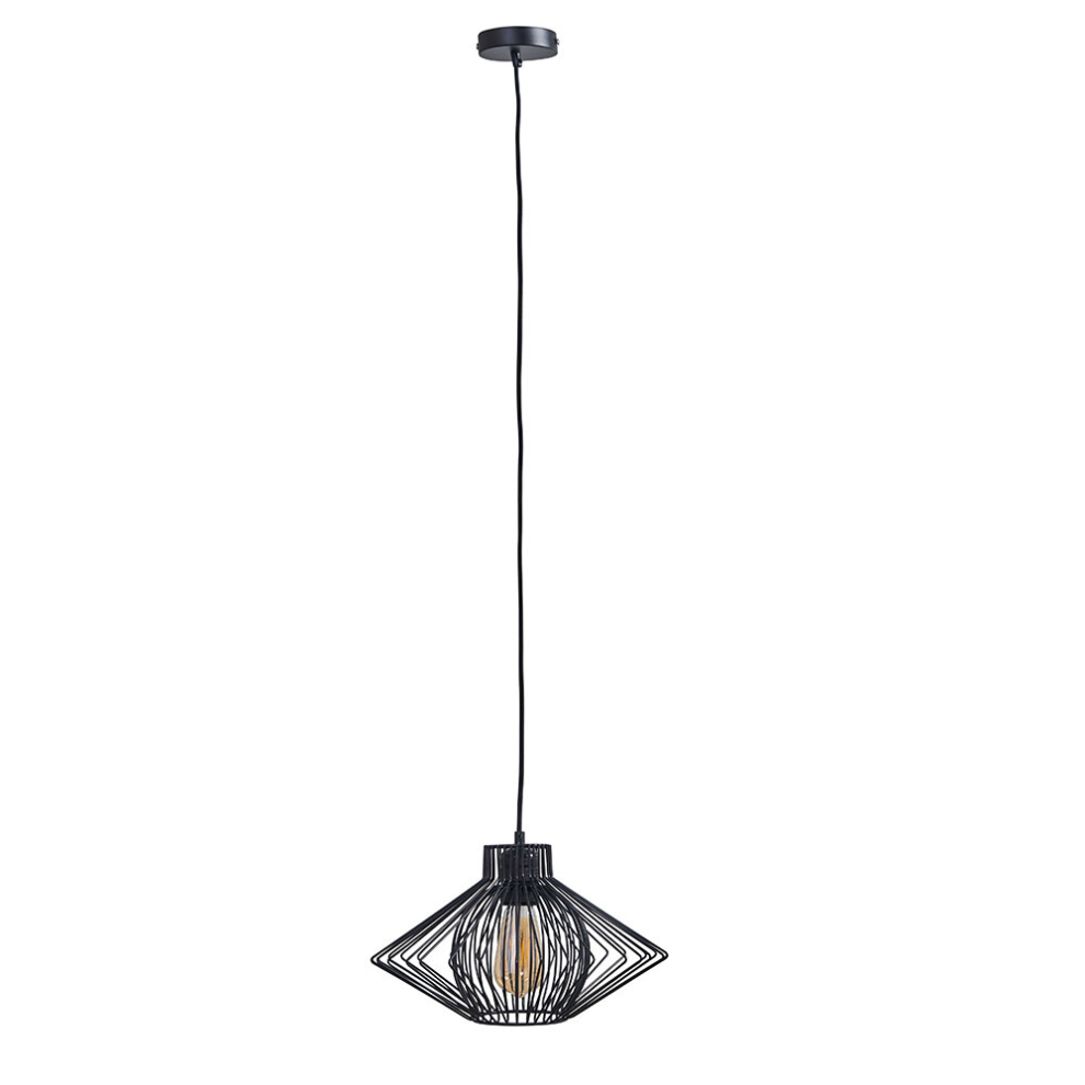 Retro Matt Black Ceiling Pendant Light Fitting with a Black Disperse Geometric Design Wire Shade - With a 4w LED Filament Light Bulb 2700K Warm White