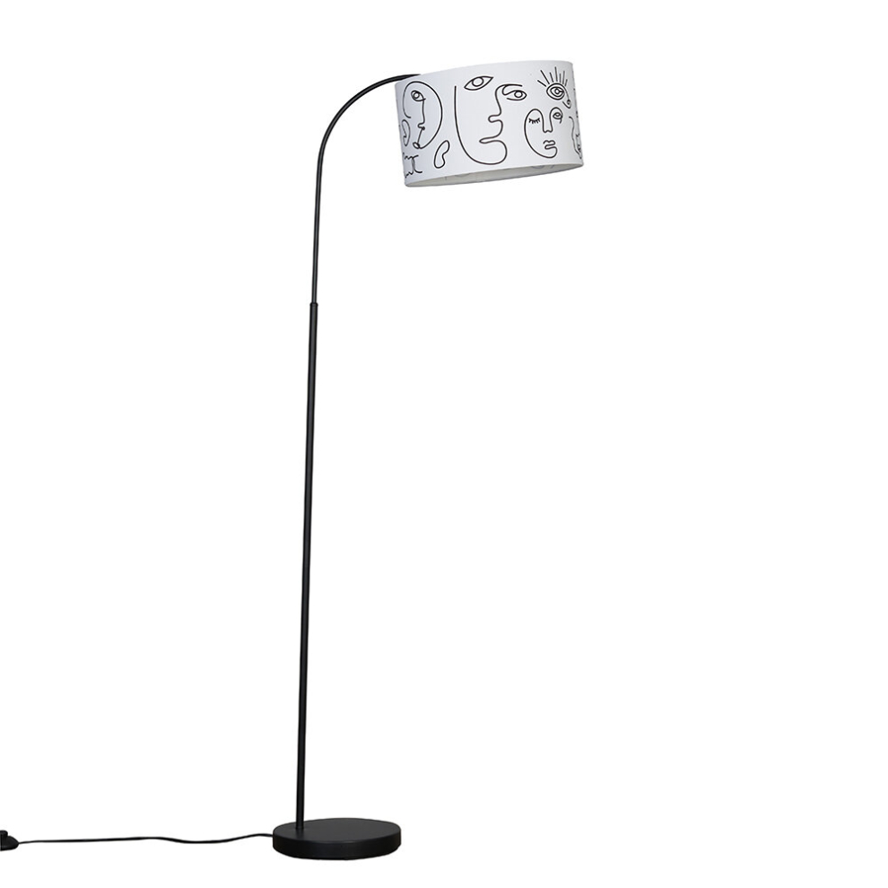 Modern Designer Style Black Curved Stem Floor Lamp with a White Artistic Portrait Design Shade - Complete with a 6w LED GLS Bulb [3000K Warm White]