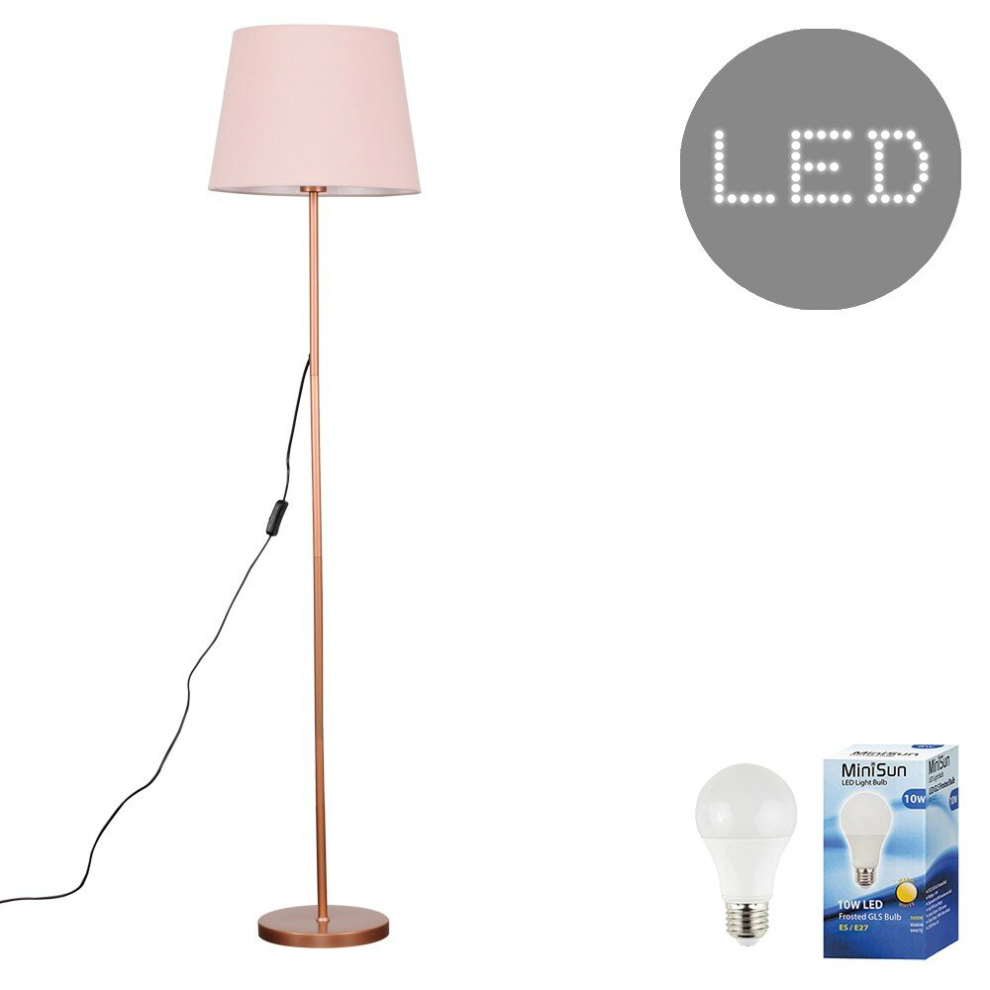 Modern Standard Floor Lamp in a Copper Metal Finish with a Pink Tapered Shade - Complete with a 10w LED GLS Bulb [3000K Warm White]