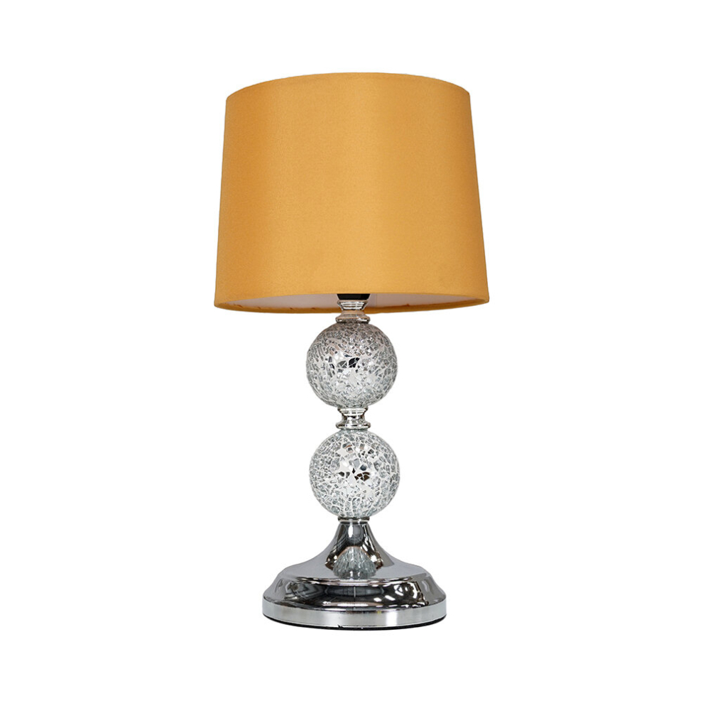 Modern Decorative Chrome & Mosaic Crackle Glass Table Lamp with a Mustard Shade - Complete with a 4w LED Bulb [3000K Warm White]