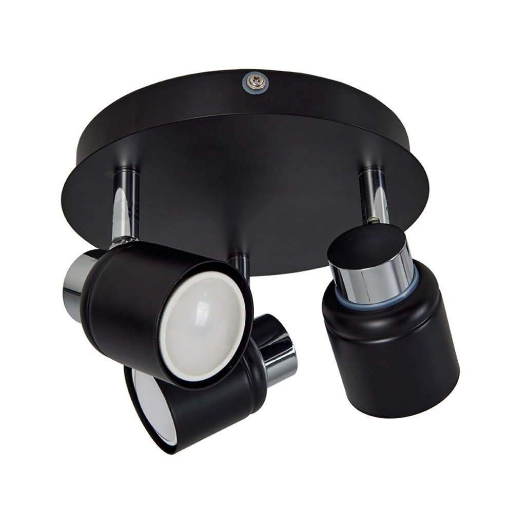 Black and Polished Chrome 3 Way Round Plate Ceiling Spotlight - Complete with 5w LED Bulbs [3000K Warm White]