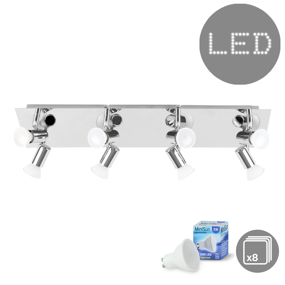 Large Modern Rectangular Polished Chrome Plate 8 Way Adjustable Ceiling Spotlight - with 8 x 5W Warm White GU10 LED Bulbs