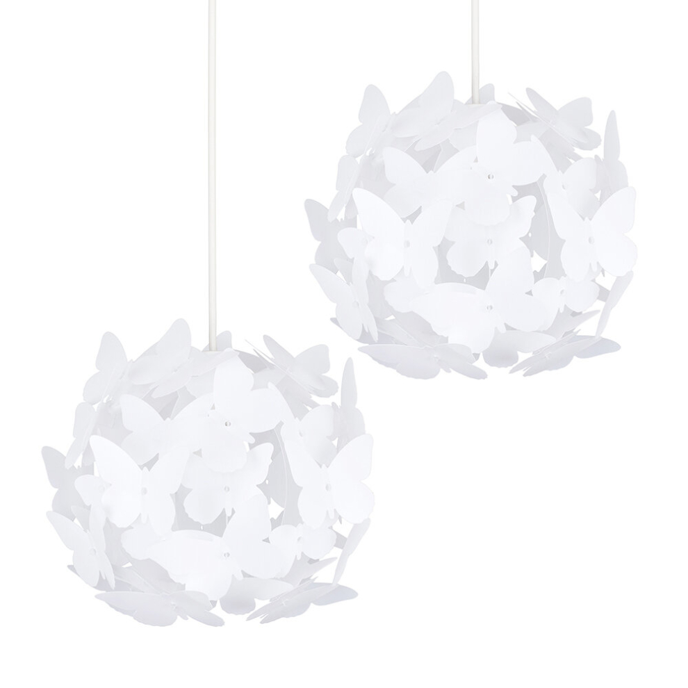 Pair of - Modern Globe Design Ceiling Pendant Light Shades with Decorative White Butterflies - Complete with 10w LED GLS Bulbs [3000K Warm White]