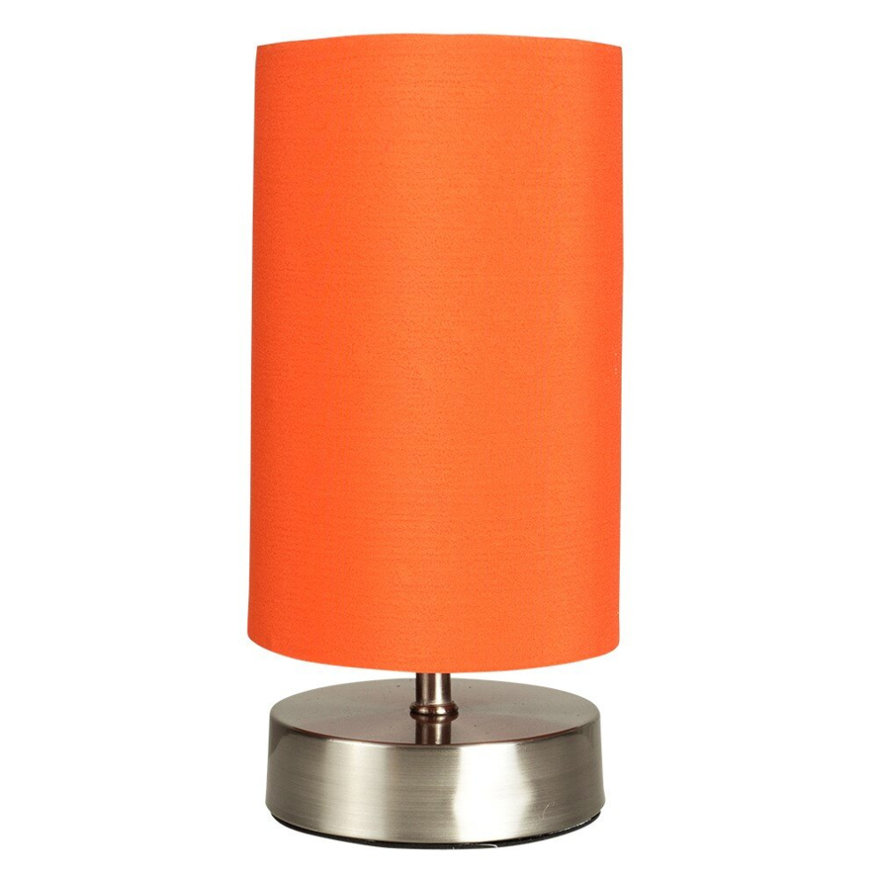 Modern Brushed Chrome Touch Dimmer Bedside Table Lamp with Orange Cylinder Light Shade - With a 5w LED Dimmable Candle Bulb [3000K Warm White]