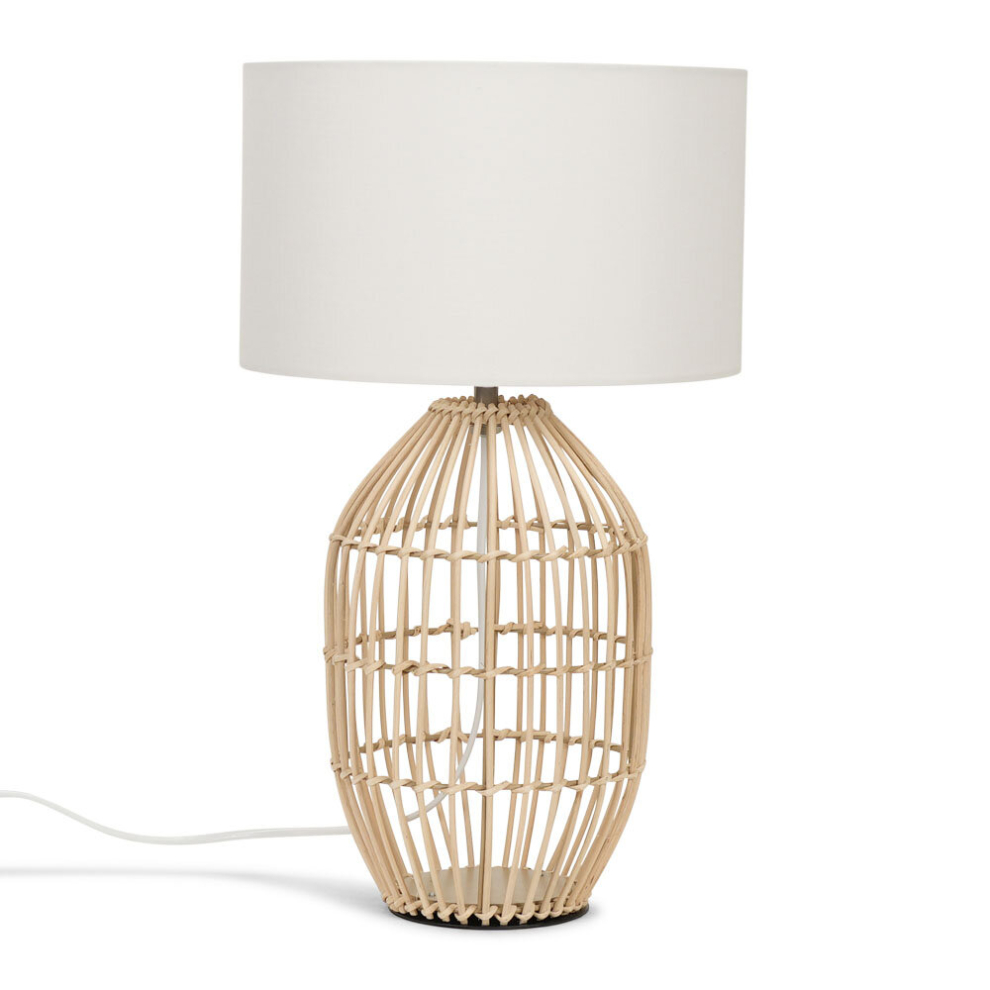 Contemporary Small Natural Rattan Cylinder Table Lamp with a White Cylinder Shade - Complete with a 6w LED GLS Bulb [3000K Warm White]