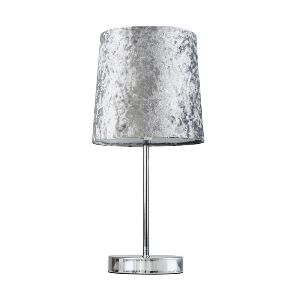 Modern Polished Chrome Table Lamp with a Silver Grey Velvet Shade - Complete with a 4w LED Bulb [3000K Warm White]