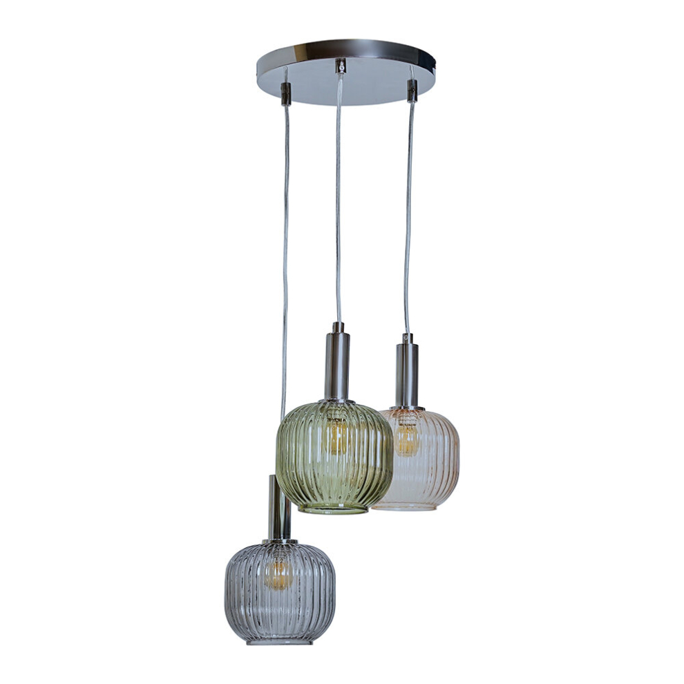 Retro 3 Way Brushed Chrome Ceiling Light Fitting with Hanging Coloured Ribbed Glass Shades - Complete with a 4w LED Globe Bulbs [3000K Warm White]