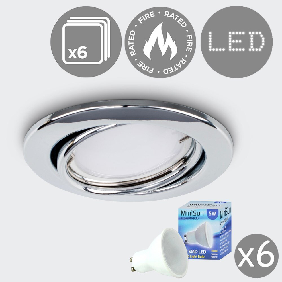 Pack of 6 Fire Rated Polished Chrome Tiltable GU10 Recessed Ceiling Downlights - Complete with 5w LED Bulbs [3000K Warm White]