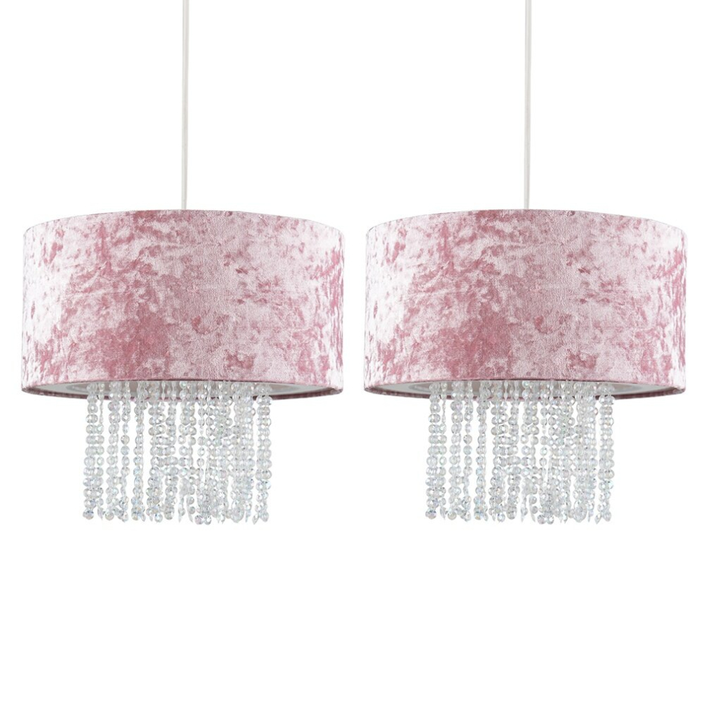 Pair of - Modern Pink Velvet Cylinder Ceiling Pendant Light Shades with Clear Acrylic Droplets - Complete with 10w LED Bulbs [3000K Warm White]