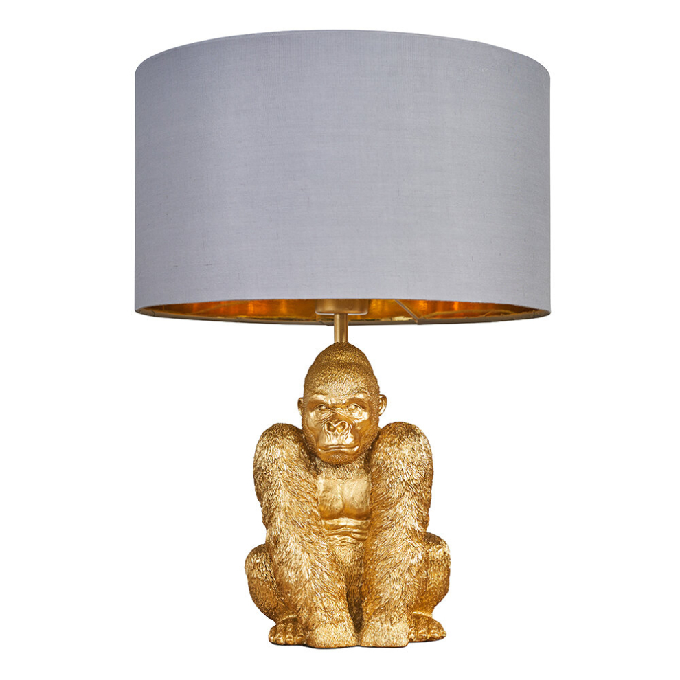 Modern Gold Sitting Gorilla Design Table Lamp with a Grey/Gold Cylinder Shade - Complete with a 4w LED Golfball Bulb [3000K Warm White]