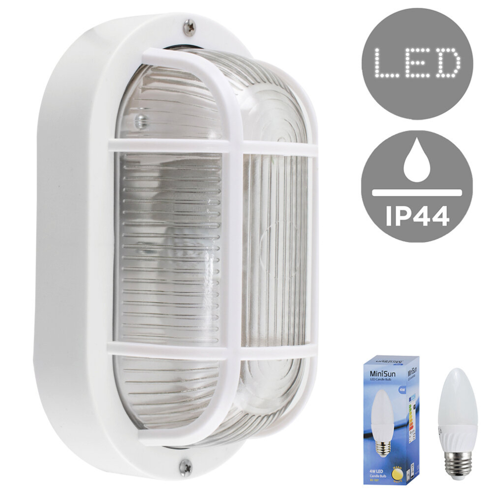 Modern White Outdoor Garden Security Bulkhead Wall Light - IP44 Rated - Complete with 1 x 4w LED Bulb